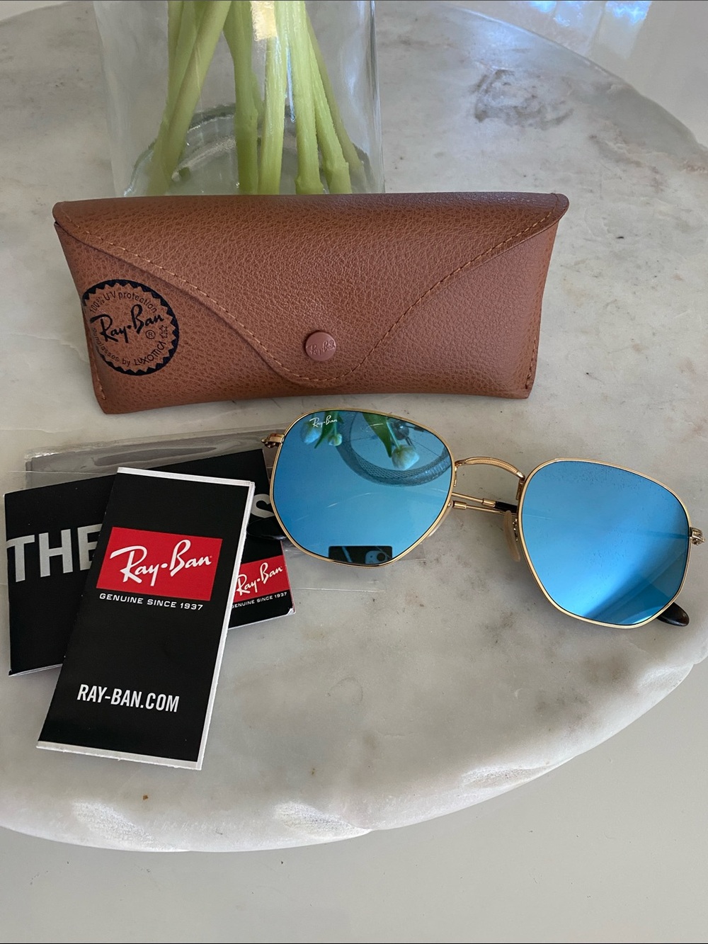 Ray-Ban RB3548N Hexagonal Flat Lens Sunglasses Gold/Light Blue Flash, 54mm